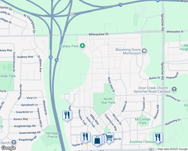 map of restaurants, bars, coffee shops, grocery stores, and more near 403 Milky Way in Madison
