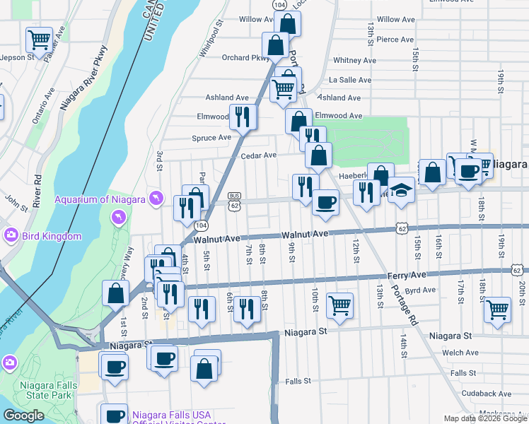 map of restaurants, bars, coffee shops, grocery stores, and more near 611 8th Street in Niagara Falls