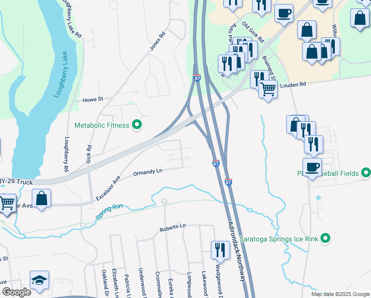 map of restaurants, bars, coffee shops, grocery stores, and more near 19 Gibson Court in Saratoga Springs