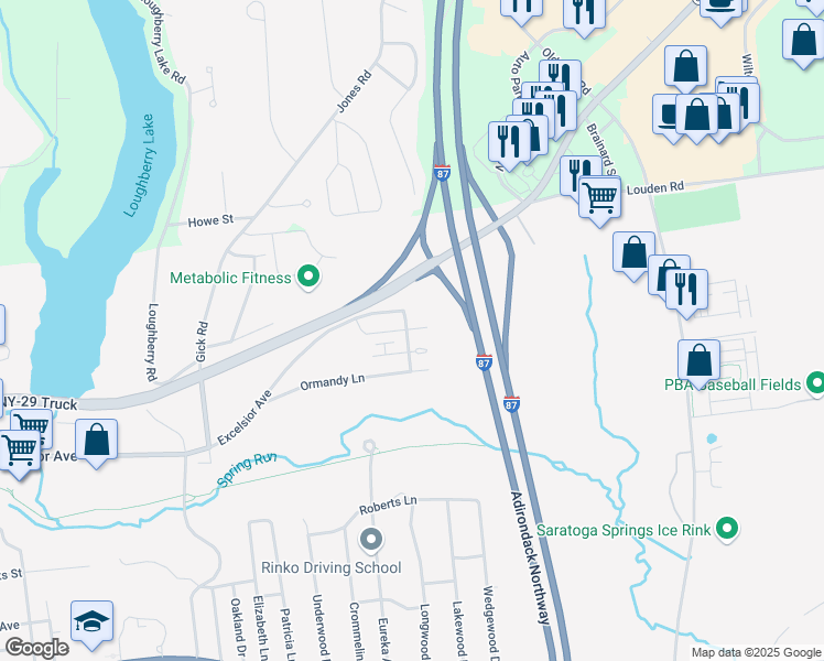 map of restaurants, bars, coffee shops, grocery stores, and more near 19 Gibson Court in Saratoga Springs