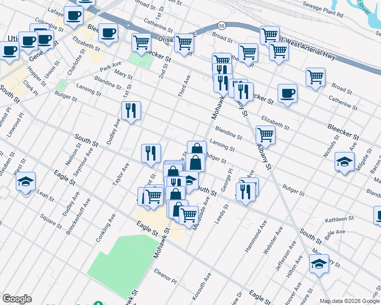 map of restaurants, bars, coffee shops, grocery stores, and more near 1013 Mohawk Street in Utica