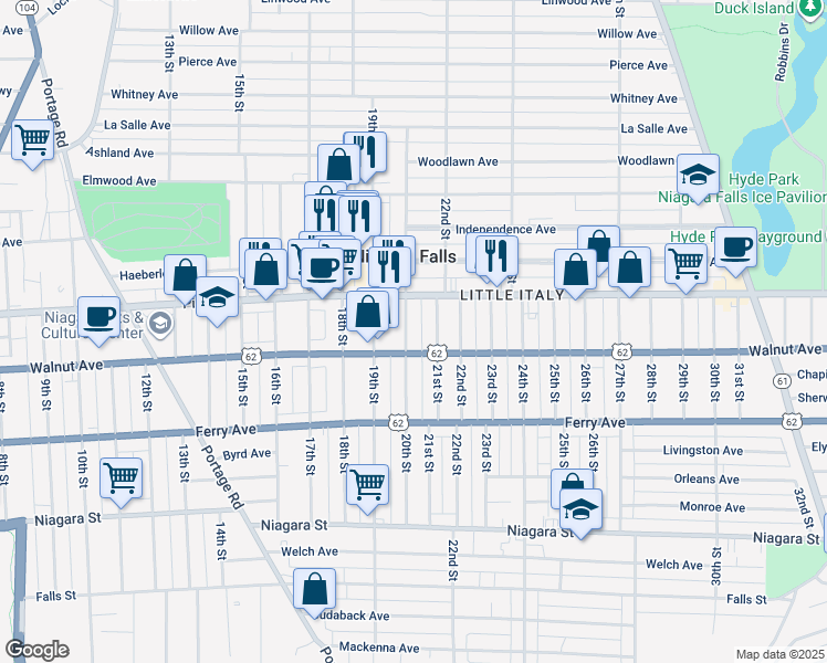map of restaurants, bars, coffee shops, grocery stores, and more near 1922 Walnut Avenue in Niagara Falls