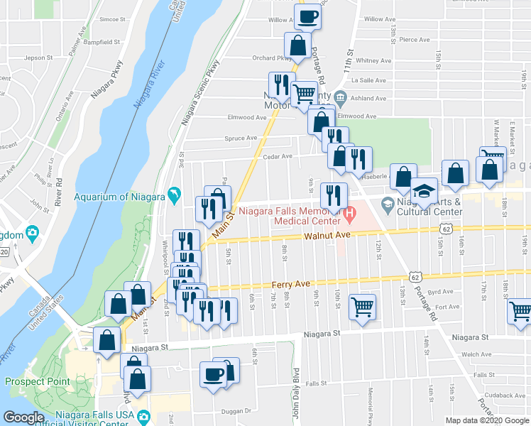 map of restaurants, bars, coffee shops, grocery stores, and more near 616 7th Street in Niagara Falls