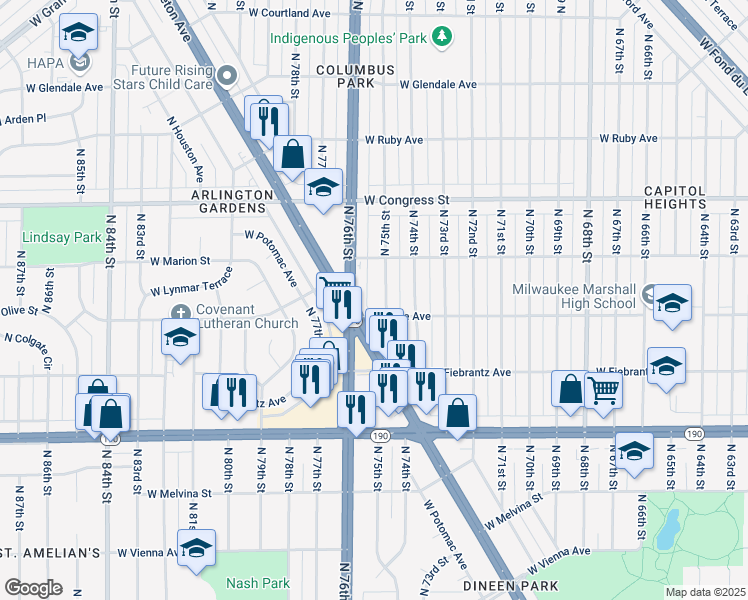 map of restaurants, bars, coffee shops, grocery stores, and more near 4212 North 76th Street in Milwaukee