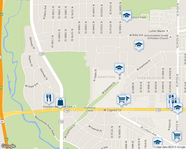 map of restaurants, bars, coffee shops, grocery stores, and more near 4205 North 104th Street in Milwaukee