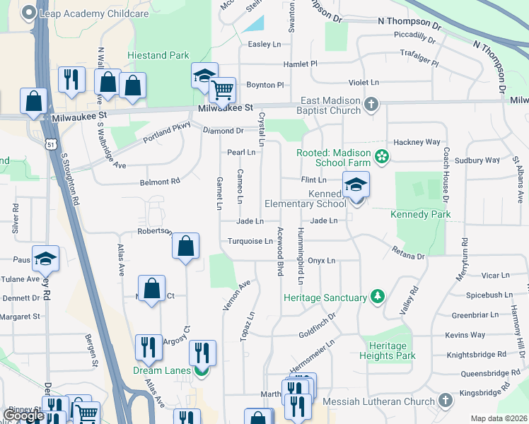 map of restaurants, bars, coffee shops, grocery stores, and more near 302 Acewood Boulevard in Madison