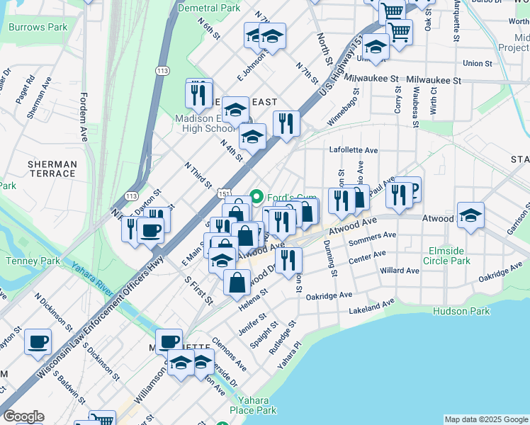 map of restaurants, bars, coffee shops, grocery stores, and more near 2069 Winnebago Street in Madison