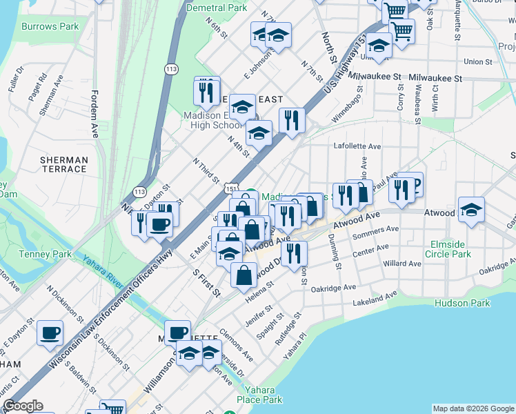 map of restaurants, bars, coffee shops, grocery stores, and more near 2069 Winnebago Street in Madison