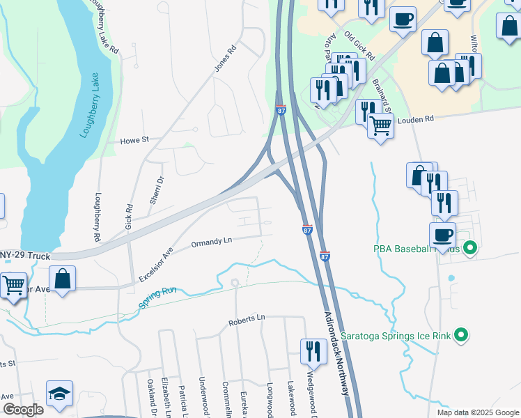 map of restaurants, bars, coffee shops, grocery stores, and more near 19 Gibson Court in Saratoga Springs