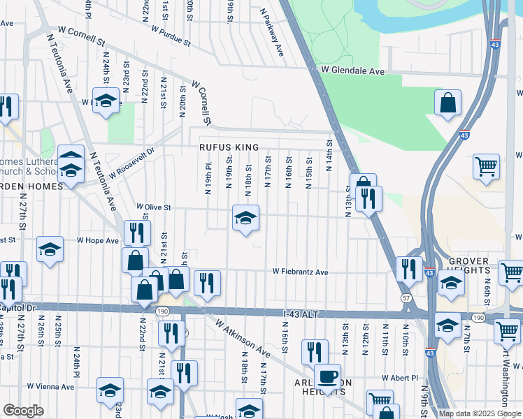 map of restaurants, bars, coffee shops, grocery stores, and more near 1801 West Olive Street in Milwaukee