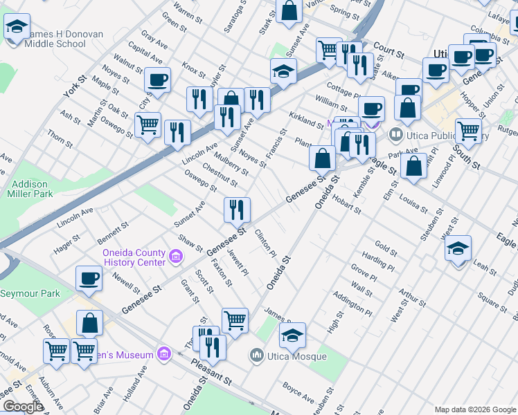 map of restaurants, bars, coffee shops, grocery stores, and more near 7 Genesee Court in Utica