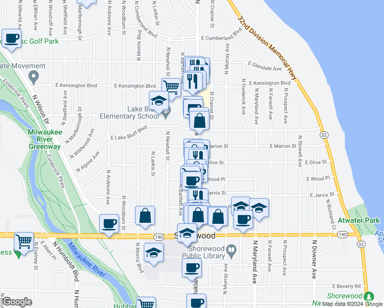 map of restaurants, bars, coffee shops, grocery stores, and more near 4221 North Oakland Avenue in Milwaukee