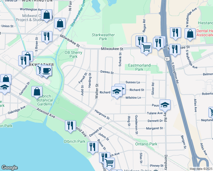 map of restaurants, bars, coffee shops, grocery stores, and more near 3542 Richard Street in Madison