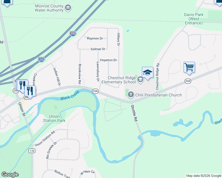 map of restaurants, bars, coffee shops, grocery stores, and more near 3618 Chili Avenue in Rochester