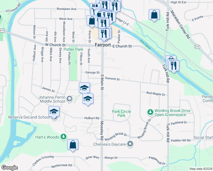 map of restaurants, bars, coffee shops, grocery stores, and more near 187 South Main Street in Fairport