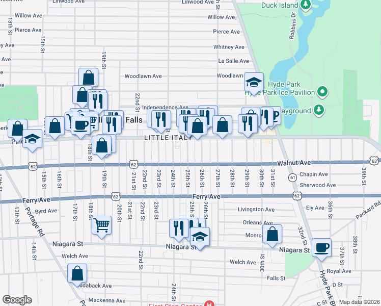 map of restaurants, bars, coffee shops, grocery stores, and more near 602 25th Street in Niagara Falls