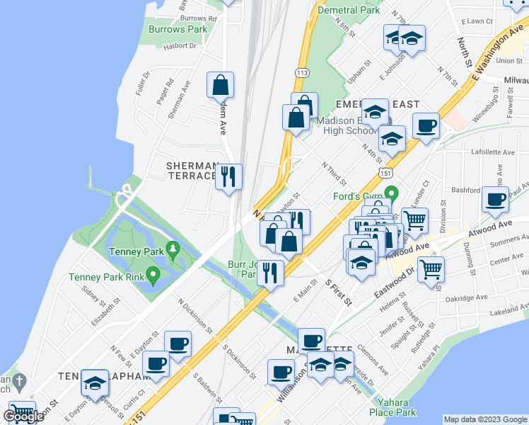 map of restaurants, bars, coffee shops, grocery stores, and more near 213 North 1st Street in Madison
