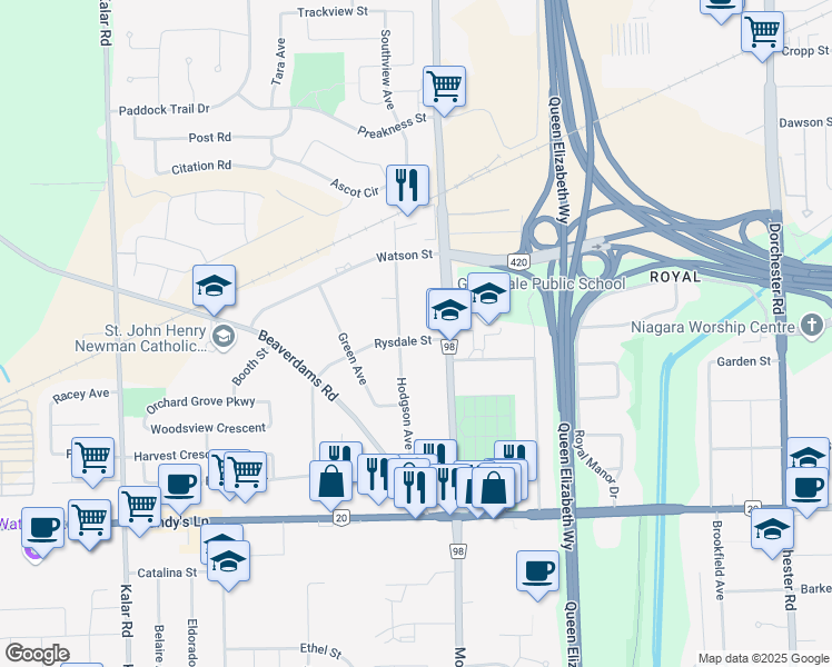 map of restaurants, bars, coffee shops, grocery stores, and more near 7655 Rysdale Street in Niagara Falls