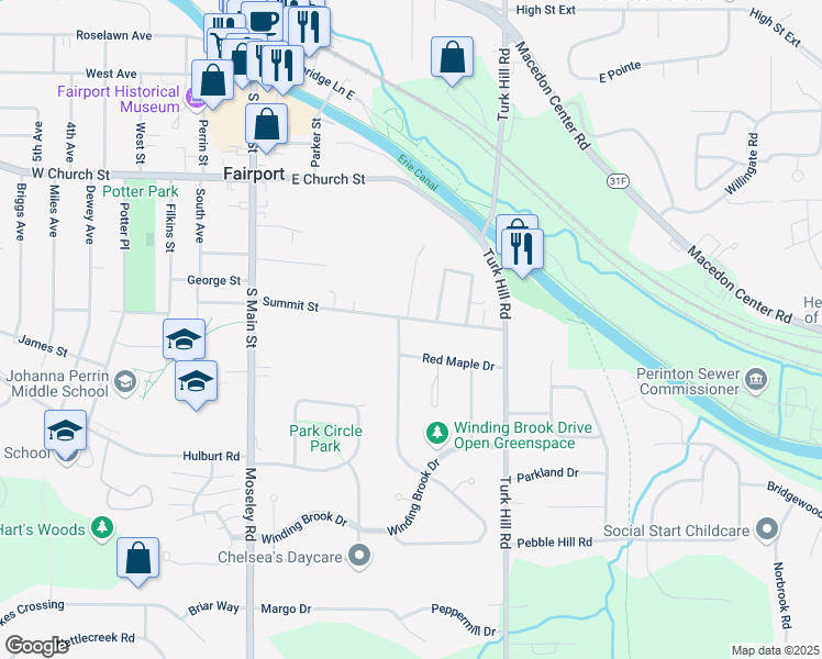 map of restaurants, bars, coffee shops, grocery stores, and more near 2 Misty Pine Road in Fairport