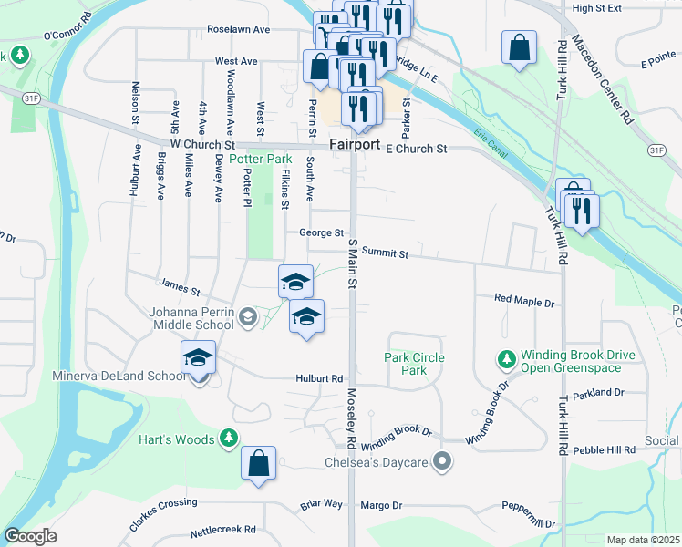 map of restaurants, bars, coffee shops, grocery stores, and more near 205 South Main Street in Fairport