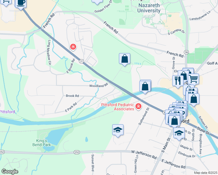 map of restaurants, bars, coffee shops, grocery stores, and more near 7 Brook Road in Pittsford