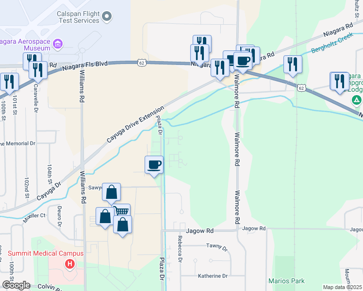 map of restaurants, bars, coffee shops, grocery stores, and more near 2185 Violet Circle in Niagara Falls