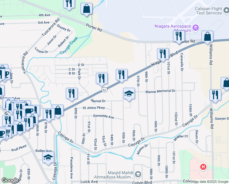 map of restaurants, bars, coffee shops, grocery stores, and more near 9416 Niemel Drive in Niagara Falls