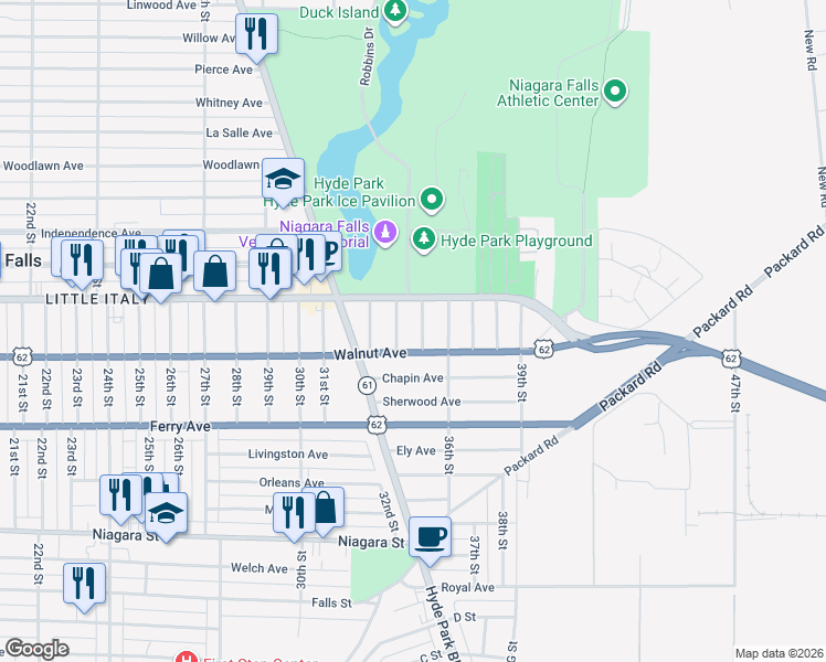 map of restaurants, bars, coffee shops, grocery stores, and more near 3411 Walnut Avenue in Niagara Falls