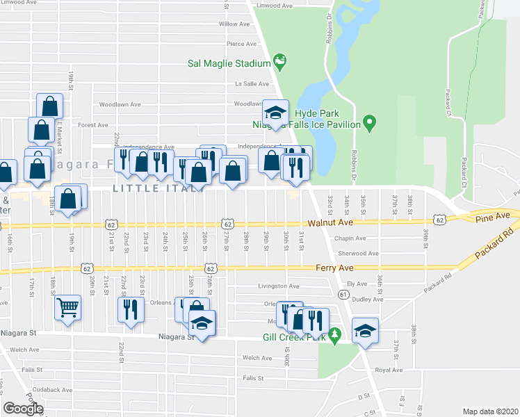 map of restaurants, bars, coffee shops, grocery stores, and more near 2821 Walnut Avenue in Niagara Falls