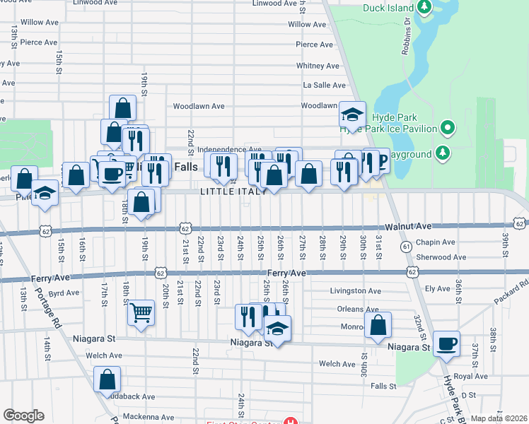 map of restaurants, bars, coffee shops, grocery stores, and more near 602 25th Street in Niagara Falls