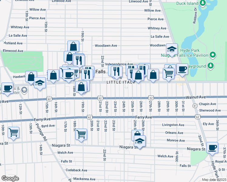 map of restaurants, bars, coffee shops, grocery stores, and more near 2219 Walnut Avenue in Niagara Falls