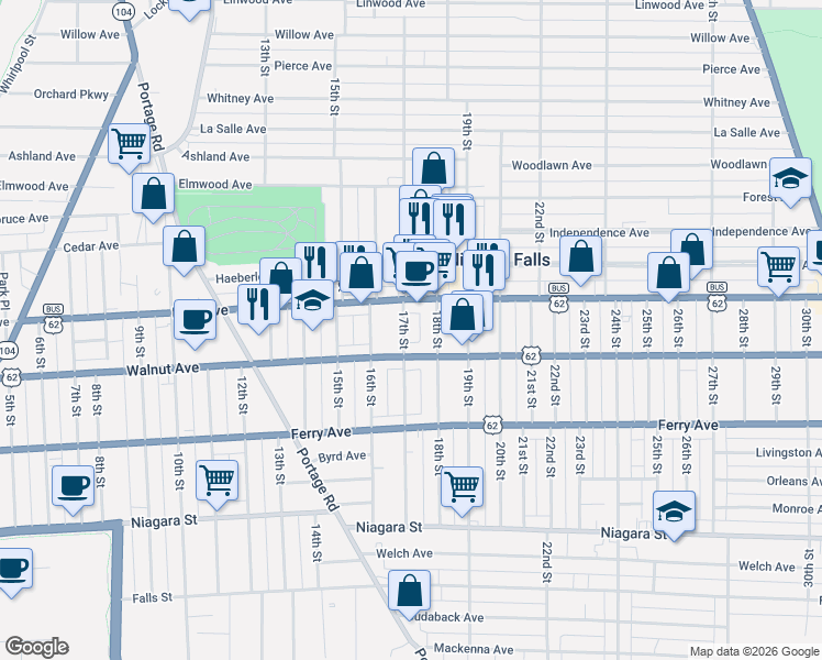 map of restaurants, bars, coffee shops, grocery stores, and more near 1710 Walnut Avenue in Niagara Falls
