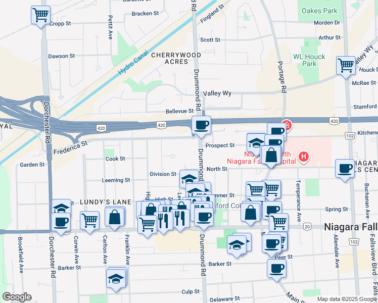 map of restaurants, bars, coffee shops, grocery stores, and more near 13 North Street in Niagara Falls