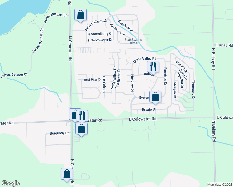 map of restaurants, bars, coffee shops, grocery stores, and more near 428-452 White Willow Drive in Flint