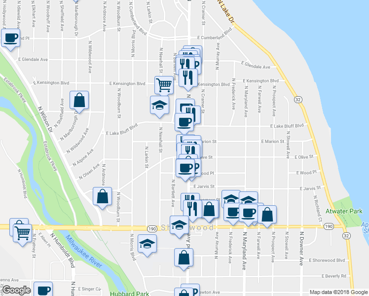 map of restaurants, bars, coffee shops, grocery stores, and more near 4188 North Bartlett Avenue in Shorewood