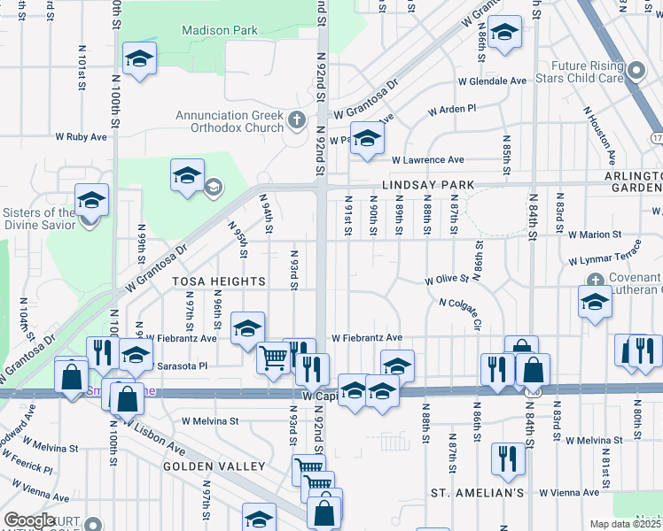 map of restaurants, bars, coffee shops, grocery stores, and more near 4206 North 92nd Street in Milwaukee