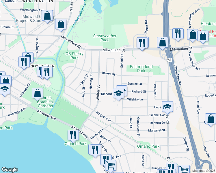 map of restaurants, bars, coffee shops, grocery stores, and more near 3542 Richard Street in Madison