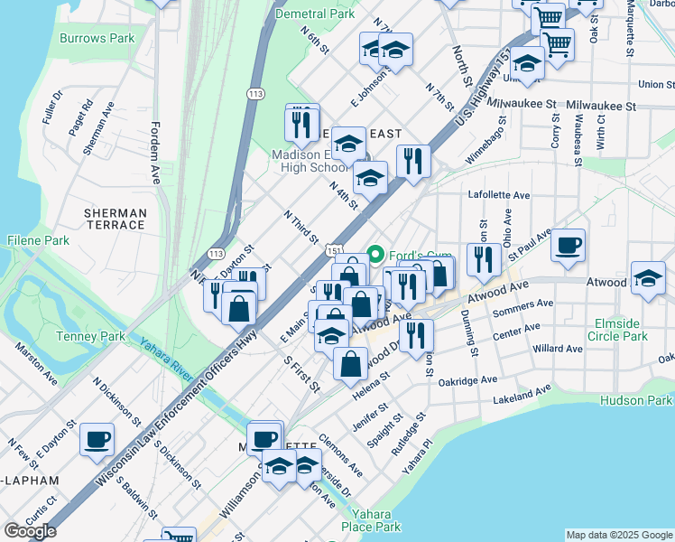 map of restaurants, bars, coffee shops, grocery stores, and more near 105 Sutherland Court in Madison