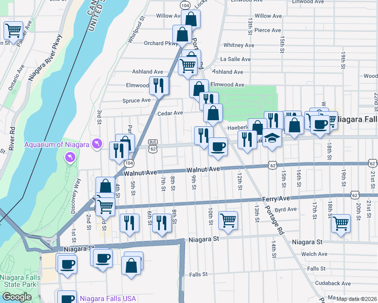 map of restaurants, bars, coffee shops, grocery stores, and more near 630 9th Street in Niagara Falls