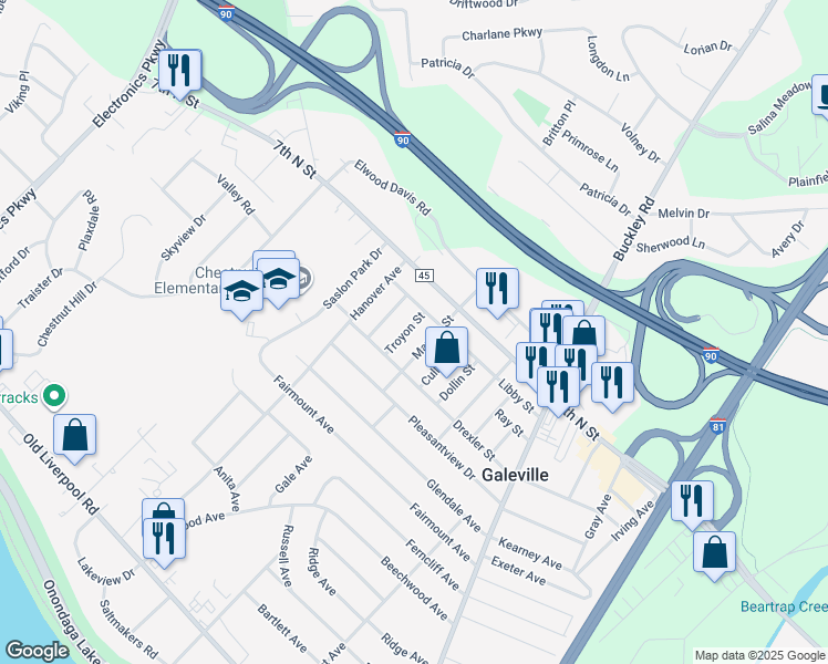 map of restaurants, bars, coffee shops, grocery stores, and more near 602 Drexler Street in Liverpool
