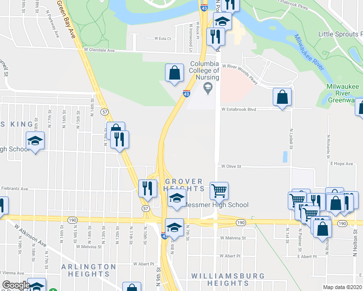 map of restaurants, bars, coffee shops, grocery stores, and more near 39 in Milwaukee
