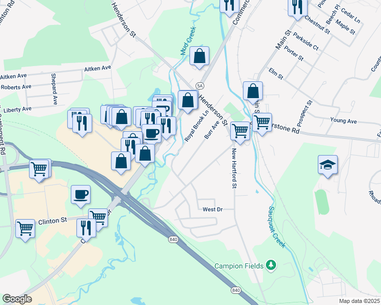 map of restaurants, bars, coffee shops, grocery stores, and more near 17 Royal Brook Lane in New York Mills