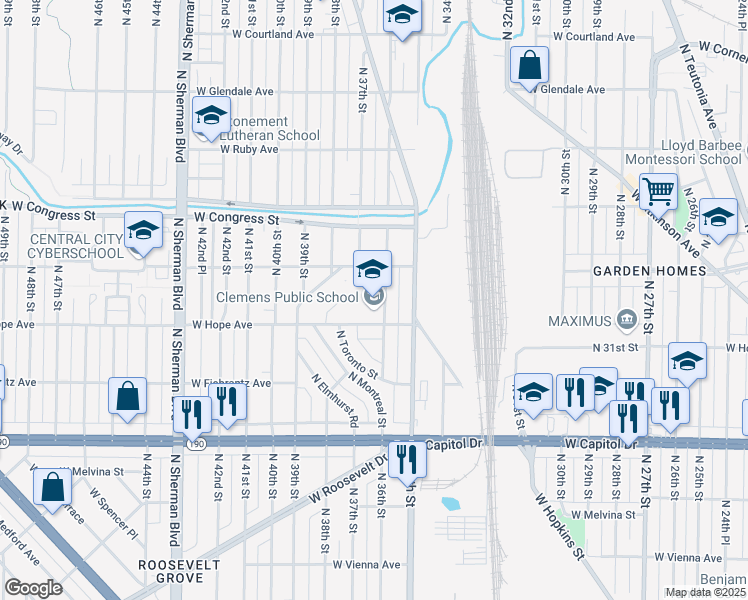map of restaurants, bars, coffee shops, grocery stores, and more near 3600 West Hope Avenue in Milwaukee