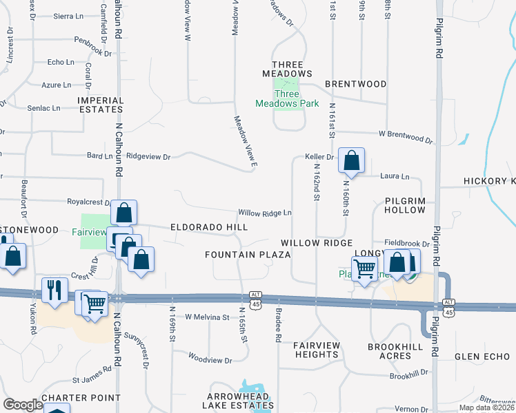 map of restaurants, bars, coffee shops, grocery stores, and more near 16565 Ridgeview Drive in Brookfield