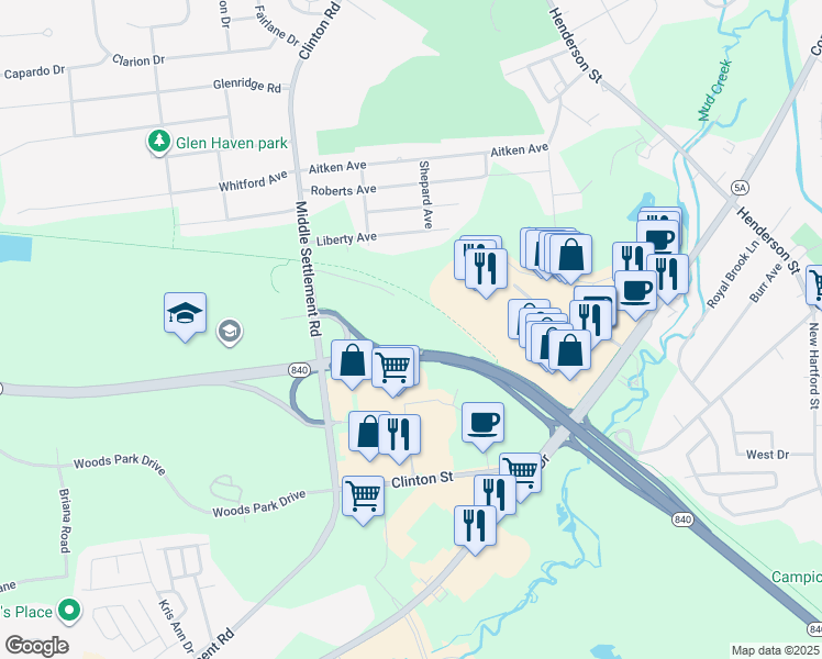 map of restaurants, bars, coffee shops, grocery stores, and more near 4770 Clinton Road in New Hartford
