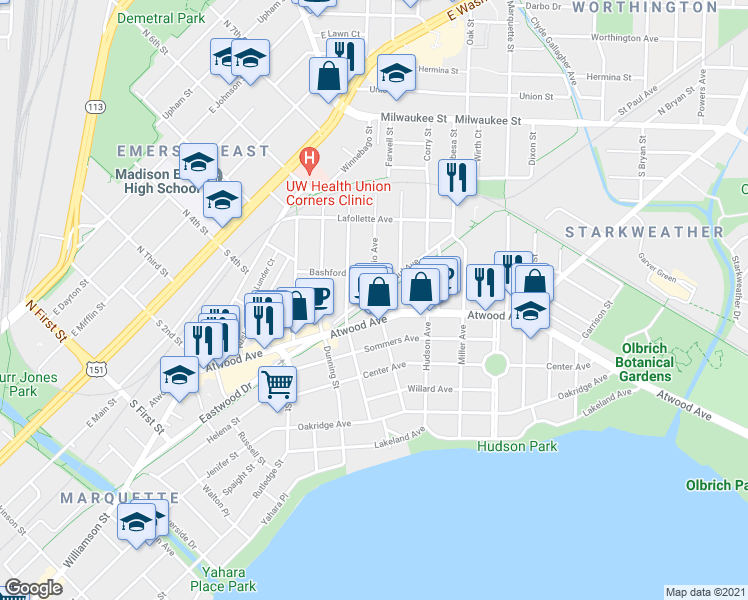 map of restaurants, bars, coffee shops, grocery stores, and more near Ohio Avenue in Madison