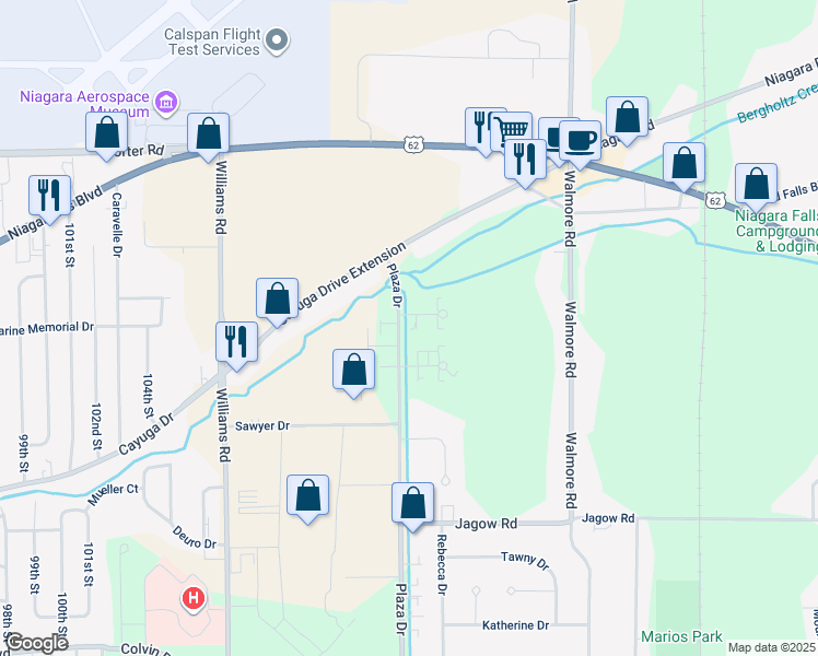 map of restaurants, bars, coffee shops, grocery stores, and more near 2169 Amy Drive in Niagara Falls