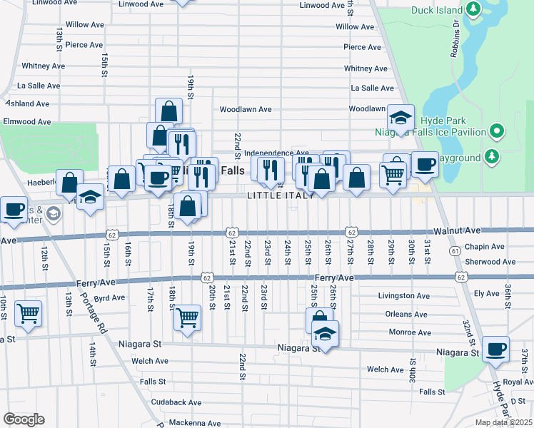 map of restaurants, bars, coffee shops, grocery stores, and more near 2201 Pine Avenue in Niagara Falls