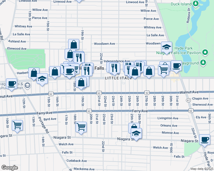 map of restaurants, bars, coffee shops, grocery stores, and more near 2201 Pine Avenue in Niagara Falls