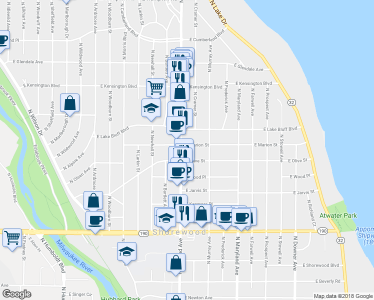 map of restaurants, bars, coffee shops, grocery stores, and more near 1822 East Marion Street in Shorewood